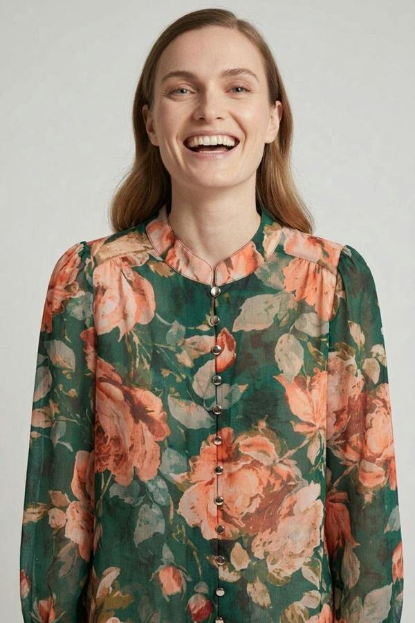Green | Floral Long Sleeve Button Front Blouse