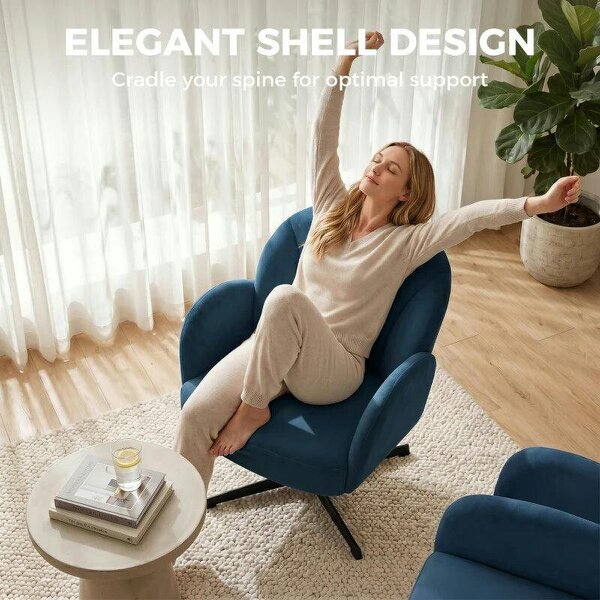Swivel Accent Chair, Shell-Shaped Armchair with Spring Cushion, Metal Base, Dark Blue