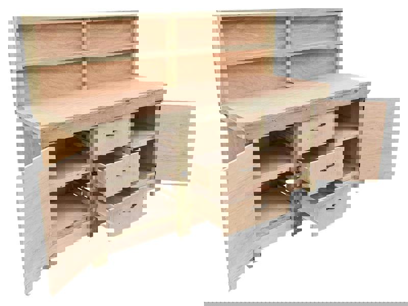 Arbor Garden Solutions Eucalyptus top workbench with drawers and double lockable cupboard (V.8) with back panel & double shelf