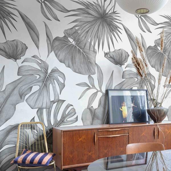 Grandeco Raha Botanical Sketch Jungle Leaves 3 panel repeatable Mural 1.59 x 2.8m, Grey