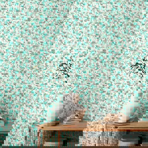 Hoopla Walls Watercolour Leaves - Aqua & Chalk 10m Wallpaper