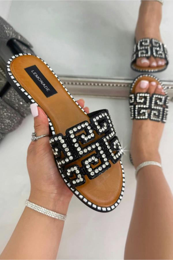 Love Lemonade Crystal Athena Geometric Sliders Black