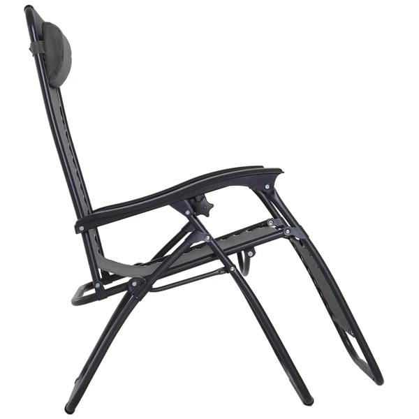 Dark grey zero-gravity lounge chair with curved footrest and recline frame