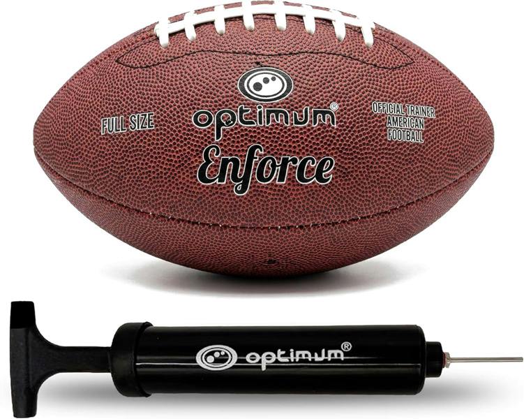Brown Optimum Enforce full-size American football with black Optimum hand pump - Optimum