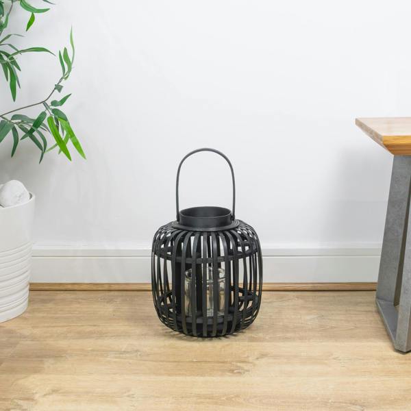 JVL Luna Natural Bamboo Lantern With Handle, Black