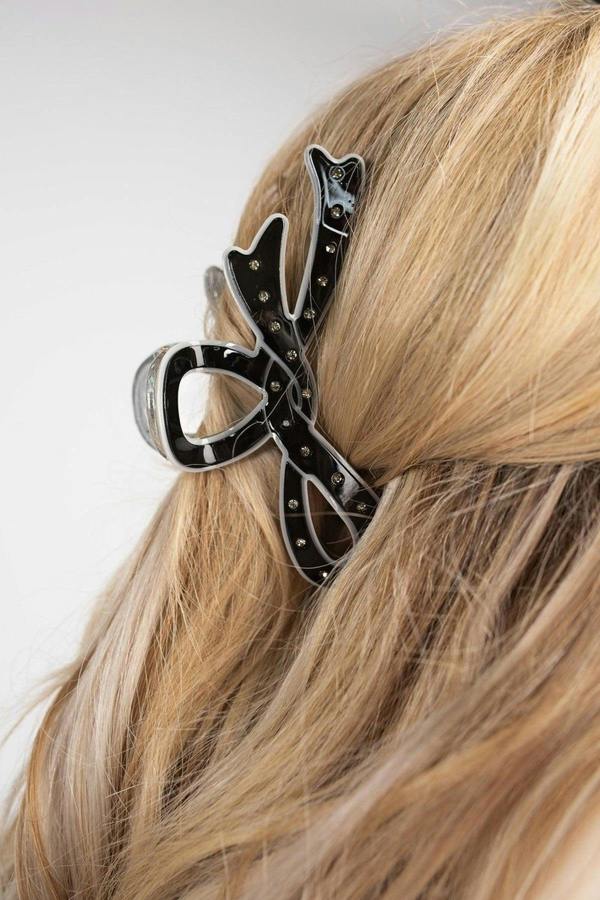 Delya Glossy Hair Claw Clip With Diamanté Stud Detail - Black
