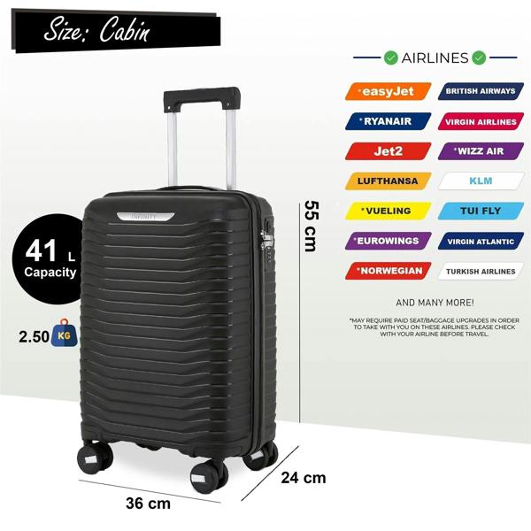 Infinity Luggage Robust Hard Shell Cabin Suitcase 36 x 24 x 55 cm TSA Luggage Suitable for Easyjet, Ryanair, Wizzair