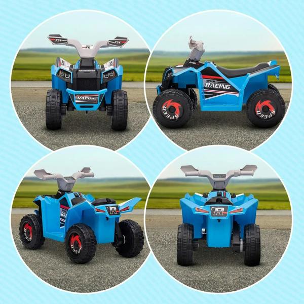 Blue ride-on quad bike shown from multiple angles, with black seat and knobby wheels