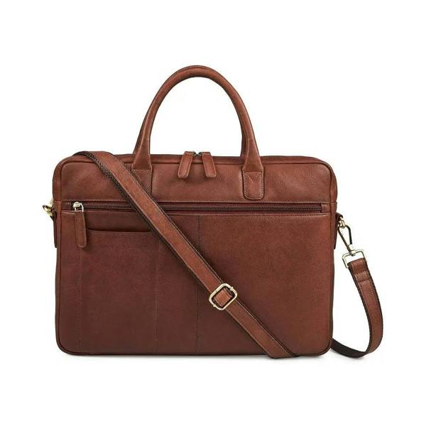 Brown leather briefcase with a shoulder strap on a white background