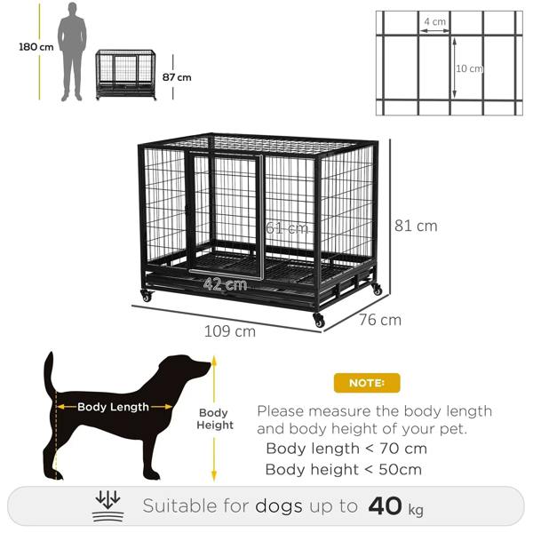 Black metal dog crate with double doors and bottom tray, wheeled kennel