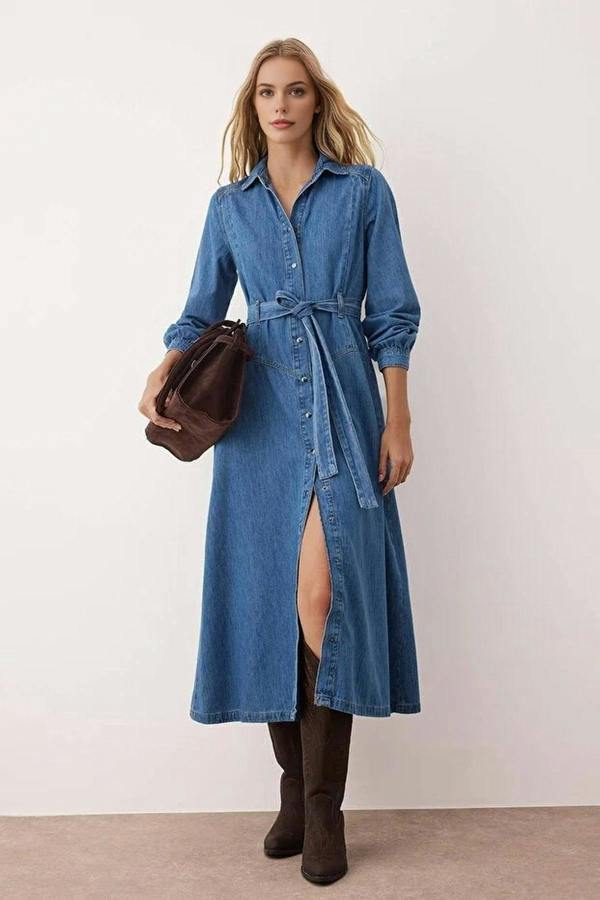 WOVCOR Maxi Denim Dress with Belt Detail