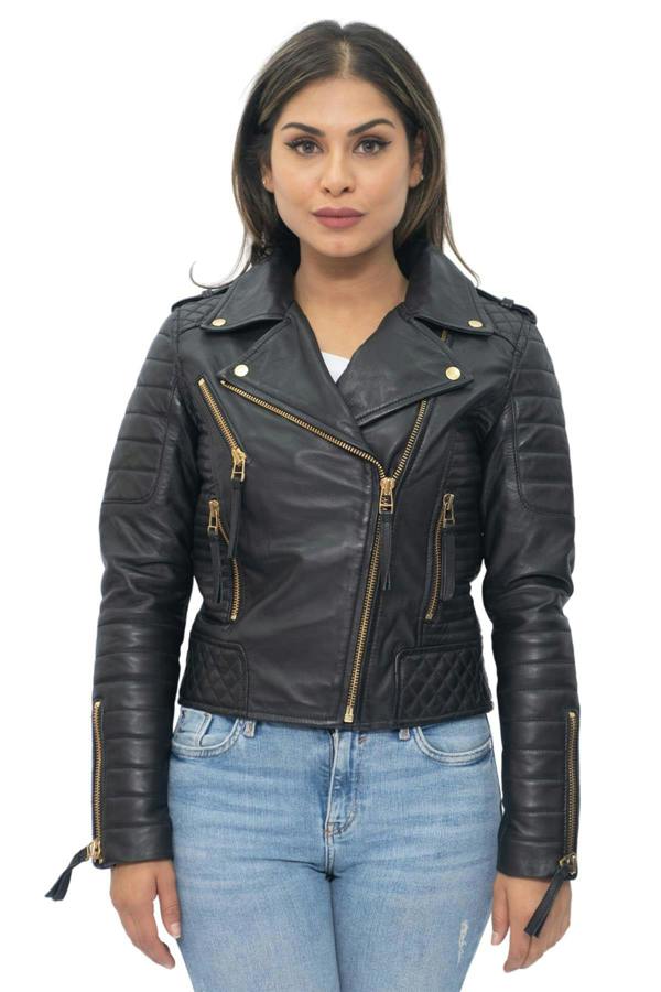 Infinity Leather Womens Leather Quilted Vintage Brando Biker Jacket-Lusaka
