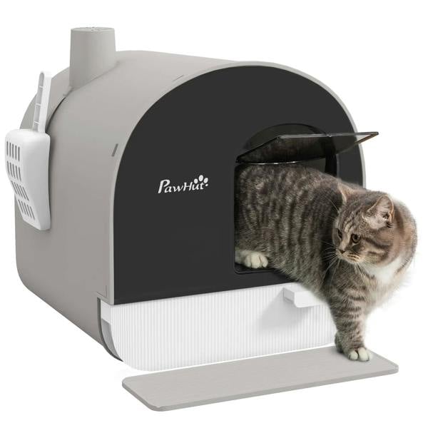 Light grey hooded cat litter box with open flap door and tray; kitten entering