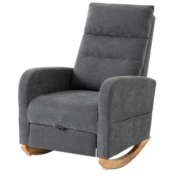 Upholstered Rocking Chair Retractable Footrest Rocker Chair High Back for Living Room Grey