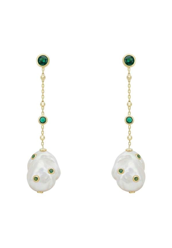 Latelita Polka Dot Baroque Pearl Chain Drop Earrings Gold Emerald