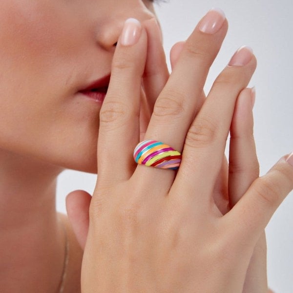 Spero London Enamel Rainbow Stripe Chunky Sterling Silver Ring