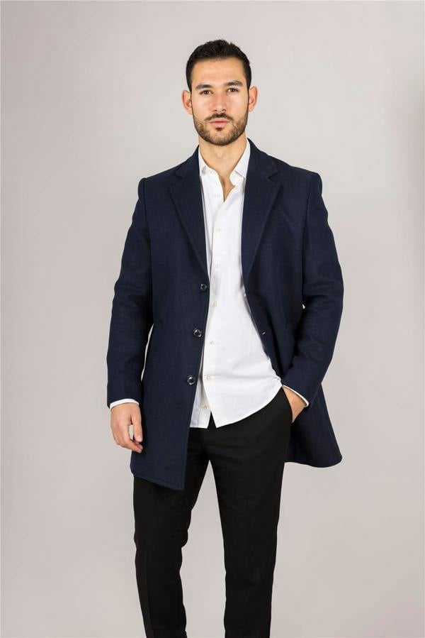 Infinity Leather Men's Notched Lapel Collar Wool Blend Navy Overcoat