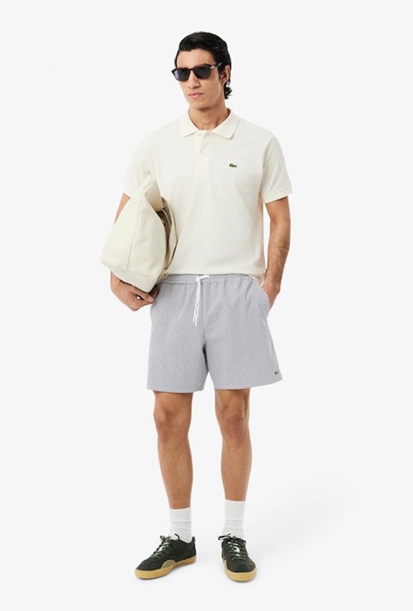 Lacoste Mid Length Striped Textured Swim Trunks