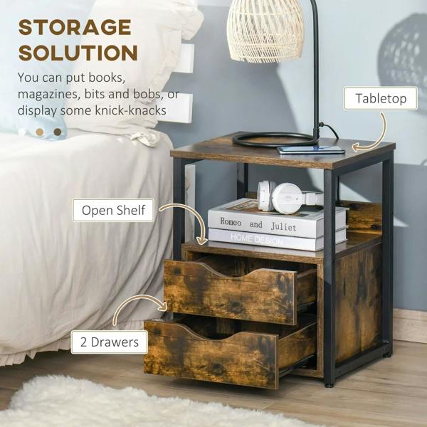 Rustic brown nightstand with two drawers and open shelf, compact bedside storage