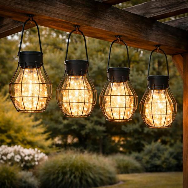 Gardenwize Pack of 4 Timeless Caged Mini Solar Lanterns Vintage Hanging LED Lights