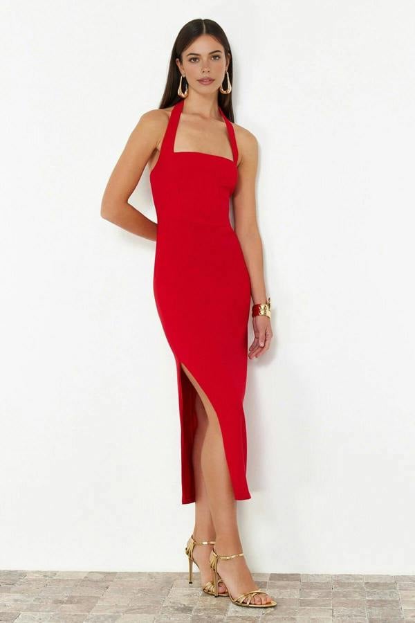 WOVCOR Body-Fitting Midi Woven Dress with Slit Detail
