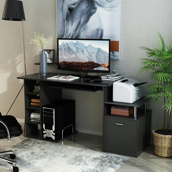 Black computer workstation desk with open side shelves and right cabinet drawer