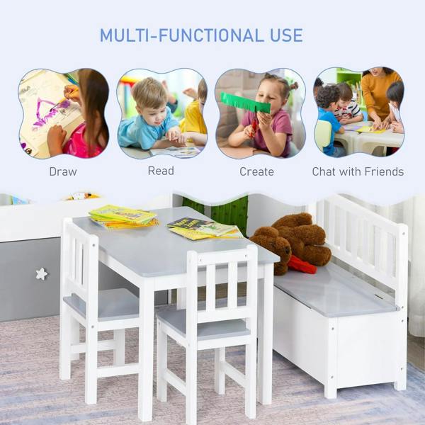 Kids table and chair set with grey tabletop, white storage bench, and two matching chairs