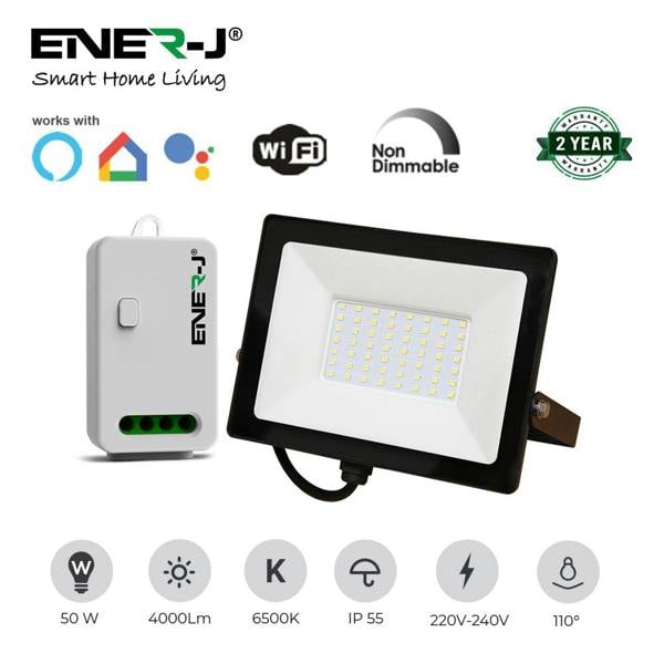 ENER-J 50W LED Floodlight Pre Wired with 500W RF + WiFi Receiver + 1 Gang Wireless Kinetic Switch (White Body)