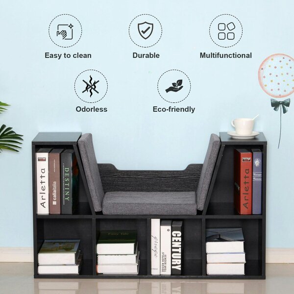 Wyld Haus Yofilo Wood And Fabric Black Cube Bookcase With Built In Reading Seat
