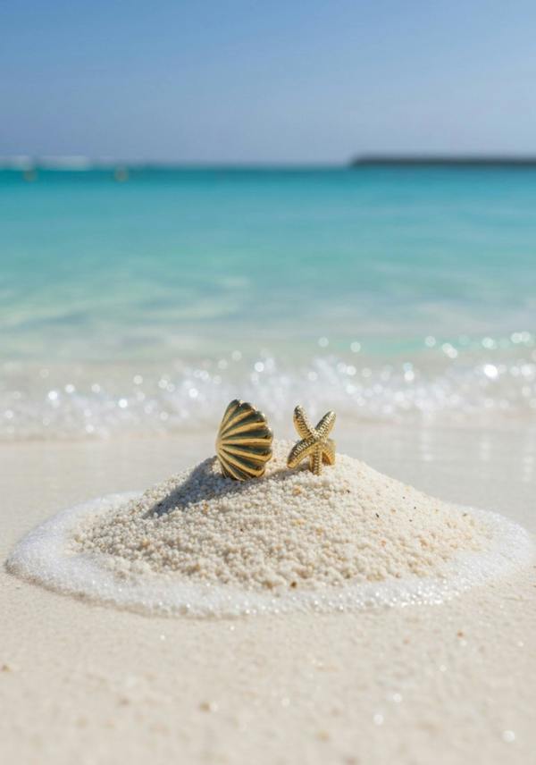 A gold ring with a starfish and shell  on a clear blue water background