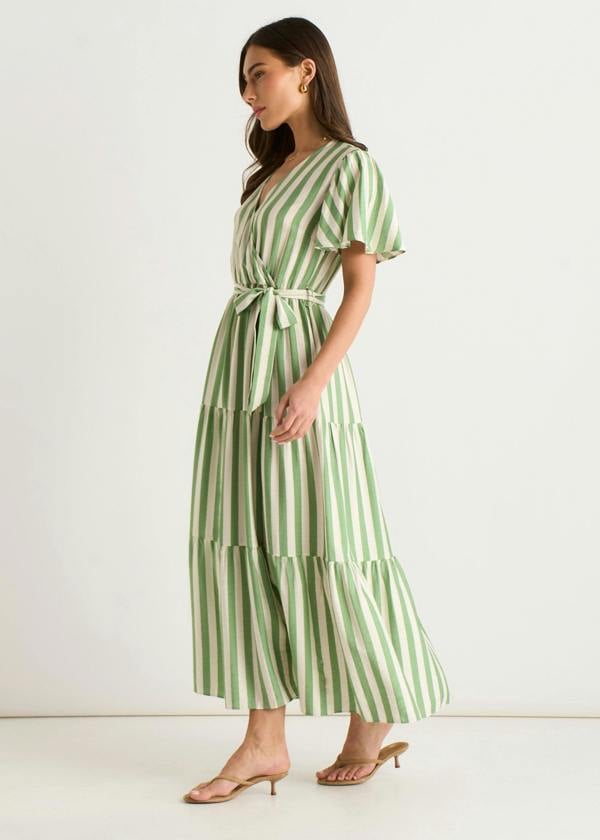 Gini London Sage Green Stripe Wrap Belted Viscose Midi Dress