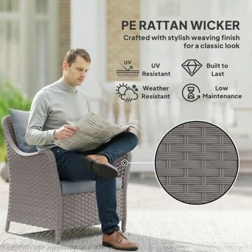 Bobobiy Rattan Garden Chairs Set of 2, Outdoor Rattan Chairs with Cushions, PE Wicker Garden Armchair with Steel Frame, Light Grey