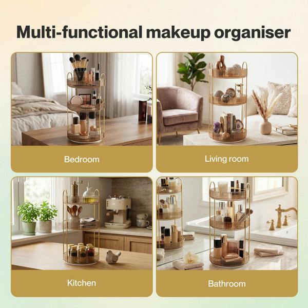 ilus Makeup Organiser 360 Rotating Spinning 3 Tiers Cosmetic Organizer Gold