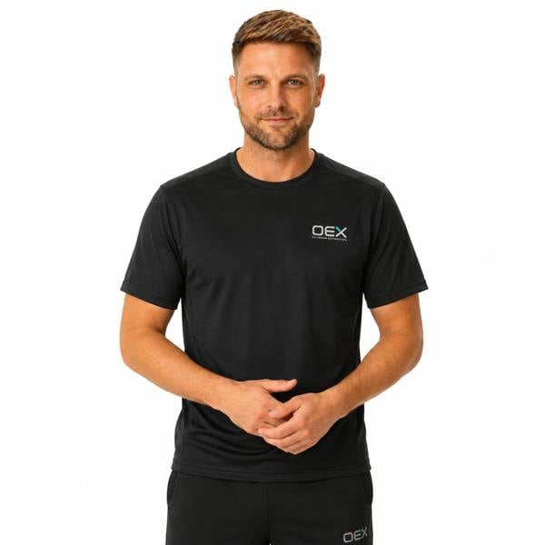 Man wearing a black OEX Flash T-Shirt with subtle texture and logo, short sleeves, and crew neck.