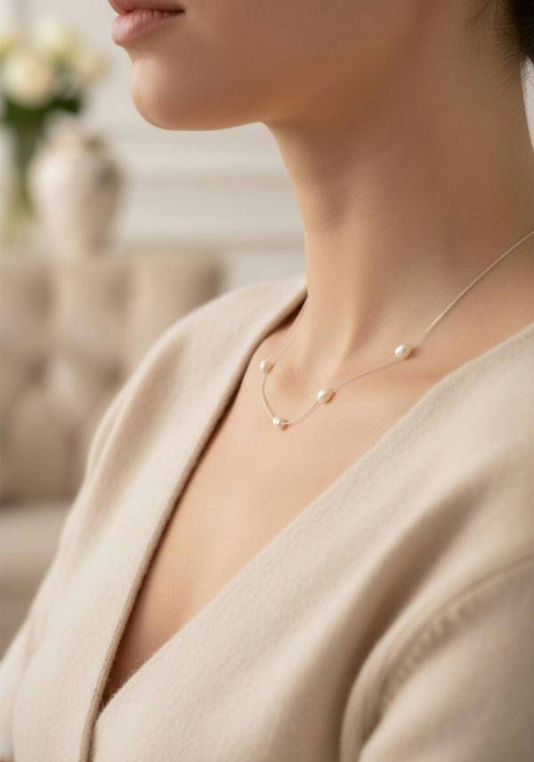 Pearl necklace worn by a person in a neutral setting