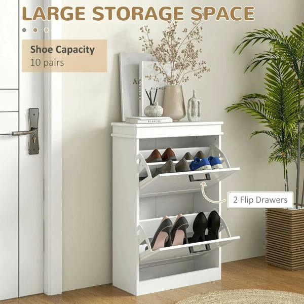 White two-level shoe cabinet with open shoe storage and two flip drawers
