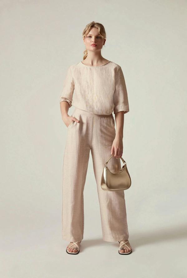 James Lakeland Beige Linen Blend Button-Back Top