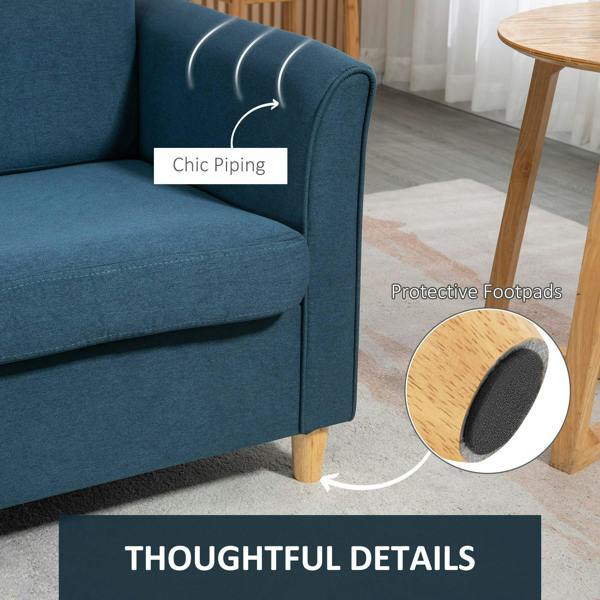 Blue loveseat sofa corner detail with piped edges and protective footpads