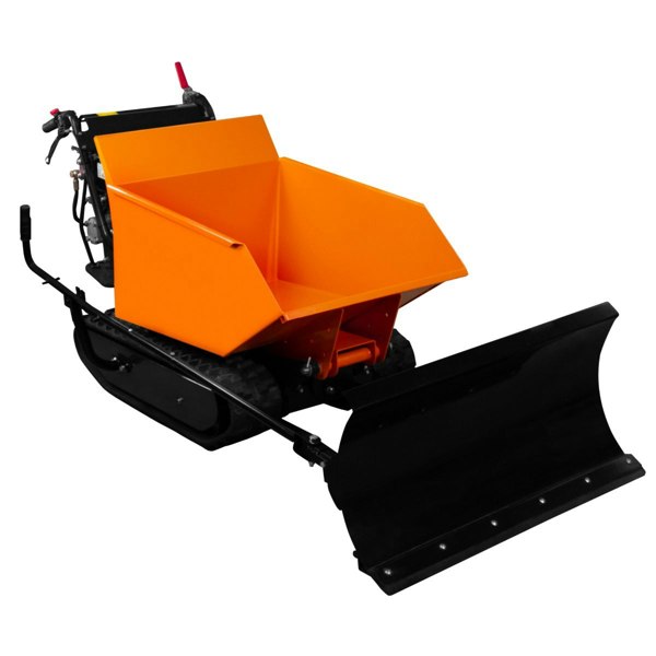 Tracked Mini Dumper Petrol Tipper with a bright orange tipping bucket and black blade, featuring rugged tracks for stability and maneuverability