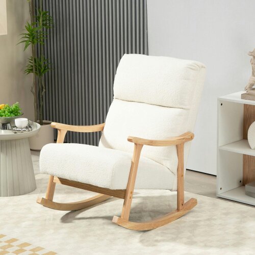 HOMCOM Upholstered Rocking Chair, Teddy Fleece, High Back, Armrests, Cream White