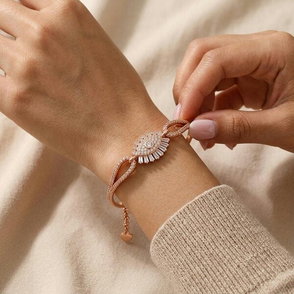The Colourful Aura Rose Gold Plated Brass Evil Eye Sparkle Adjustable Bangle Bracelet