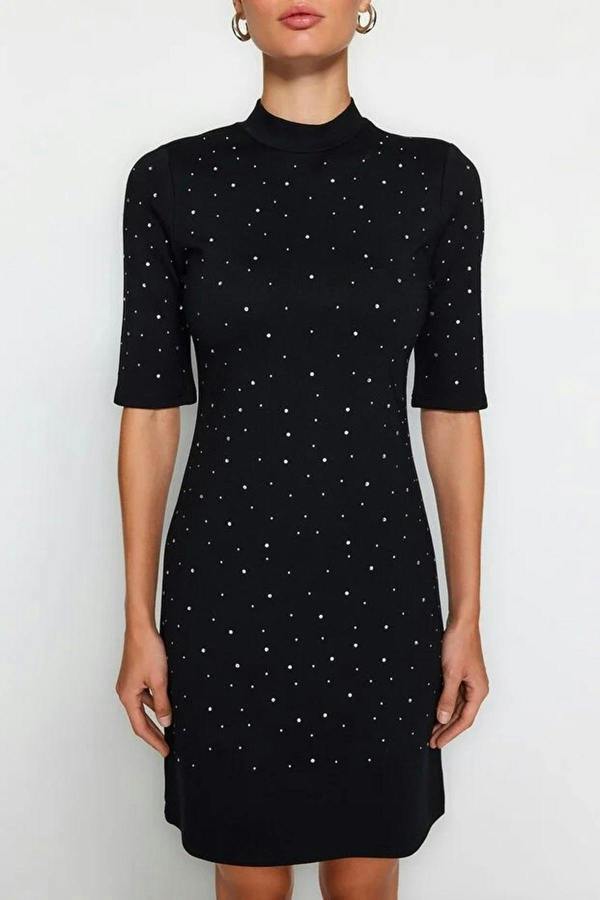 WOVCOR Skater Short Sleeve Mini Knit Pencil Dress with Stone Detail