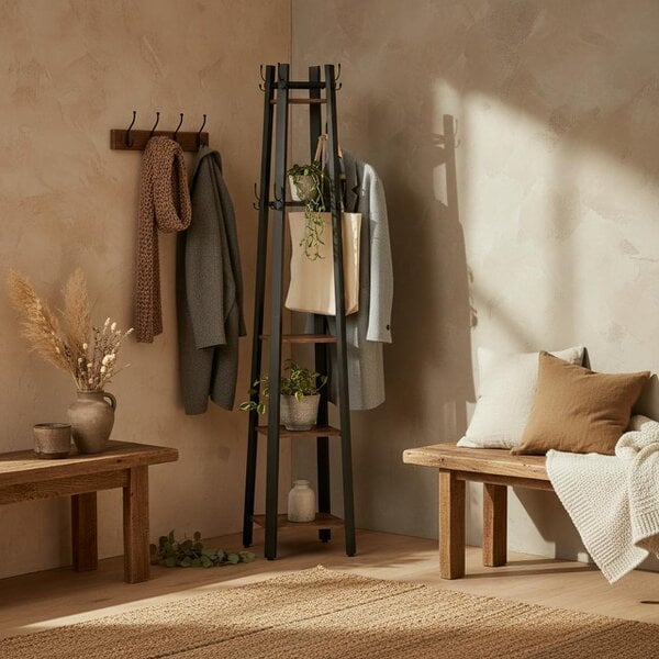 Wyld Haus Kareva Metal And Wood Brown And Black 4 Tier Industrial Coat Stand With Shelves
