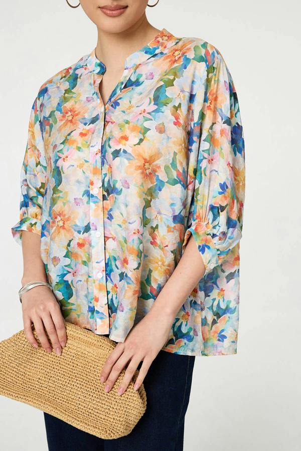 Blue | Floral 3/4 Sleeve Relaxed Button Blouse