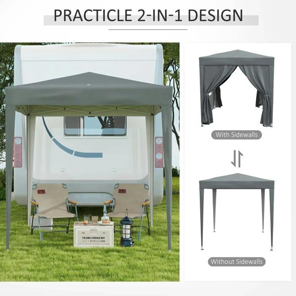 Grey pop-up gazebo party tent with removable sidewalls, window panels, and carry bag