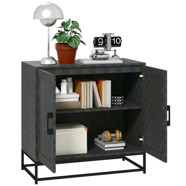 Freestanding black sideboard cabinet with two open doors and interior shelves