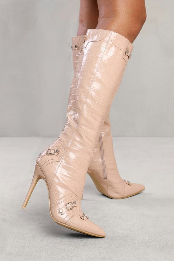 Where's That From Amelia Below Knee High Heel Boot With Stud and Buckle Detail in Nude