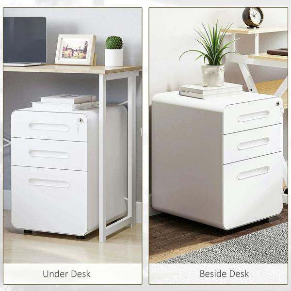 White 3-drawer lockable file cabinet shown beside or under an office desk.