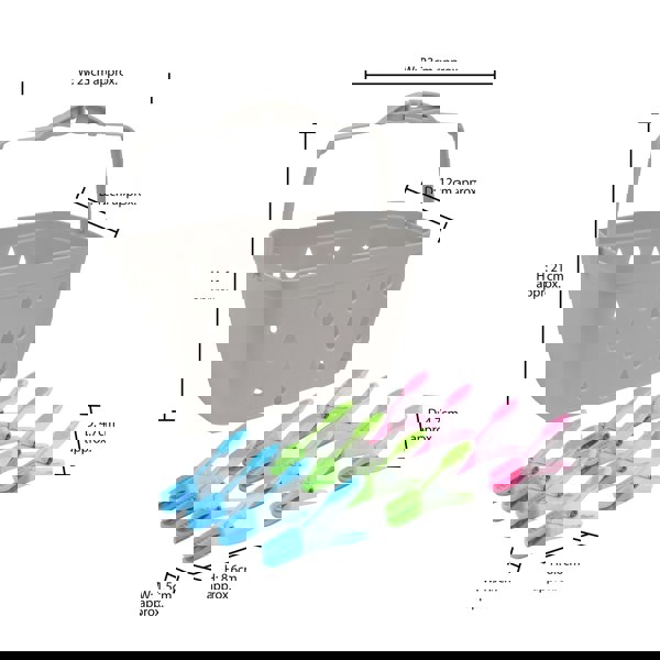 JVL Plastic Peg Basket, Grey with 48 Prism Soft Touch Leaf Design Plastic Pegs, Multi
