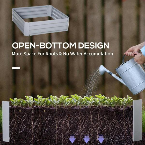 Grey raised garden bed set of 2 with open-bottom design for root drainage